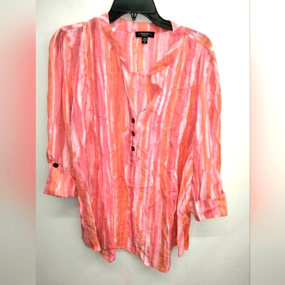 Cocomo Woman (Size 2X) Multicolor Button V-Neck Cut Roll Tab Sleeve Tunic Blouse - Picture 1 of 6